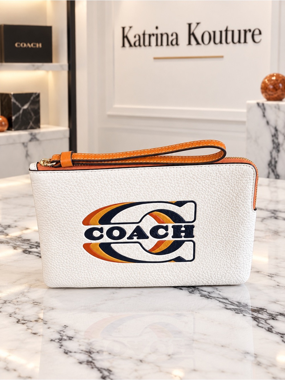 COACH Large Corner Zip Wristlet Chalk White Leather Retro 70s Logo Stamp
